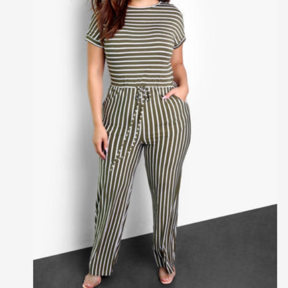 Rebdolls Take a Risk Striped Wide Leg Jumpsuit 2X Olive Green White Stretch